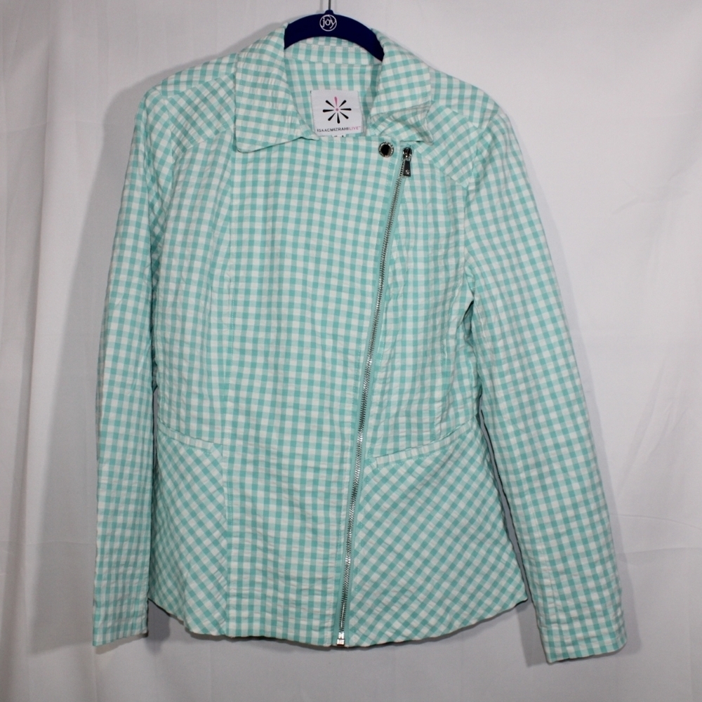 Isaac Mizrahi Live Teal and White Checkered Moto Jacket NWOT Size 6